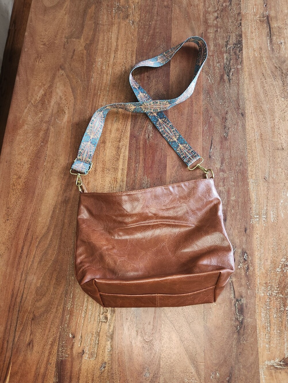 Women's Brown Faux Leather Crossbody Bag with Patterned Strap
